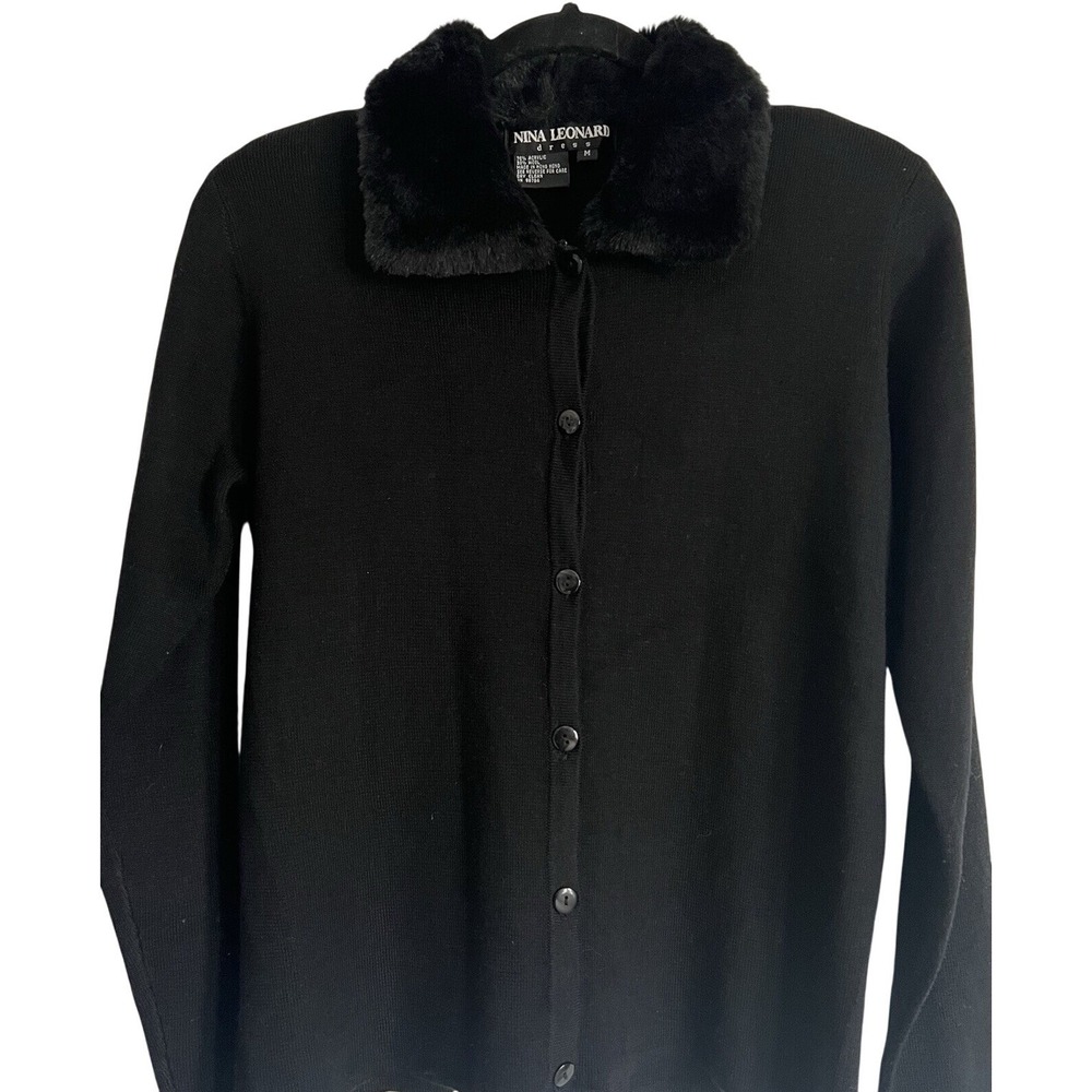 Nina Leonard Black Wool Blend Cardigan Faux Fur Collar Button Front Sweater M